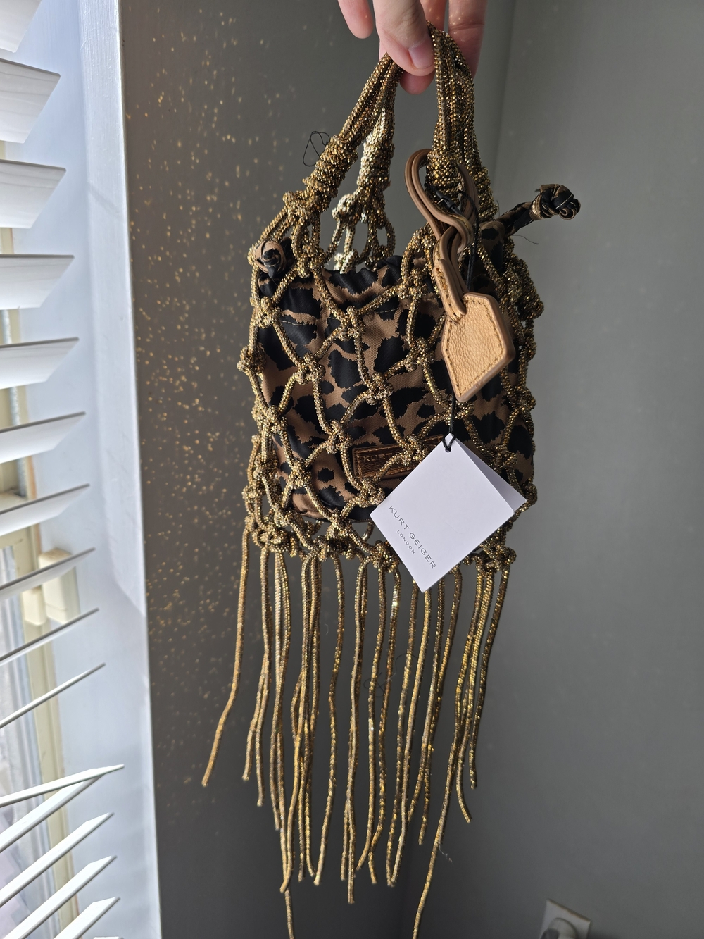 Kurt Geiger Gold Macramé Fringe Mini Bag with Leopard Insert